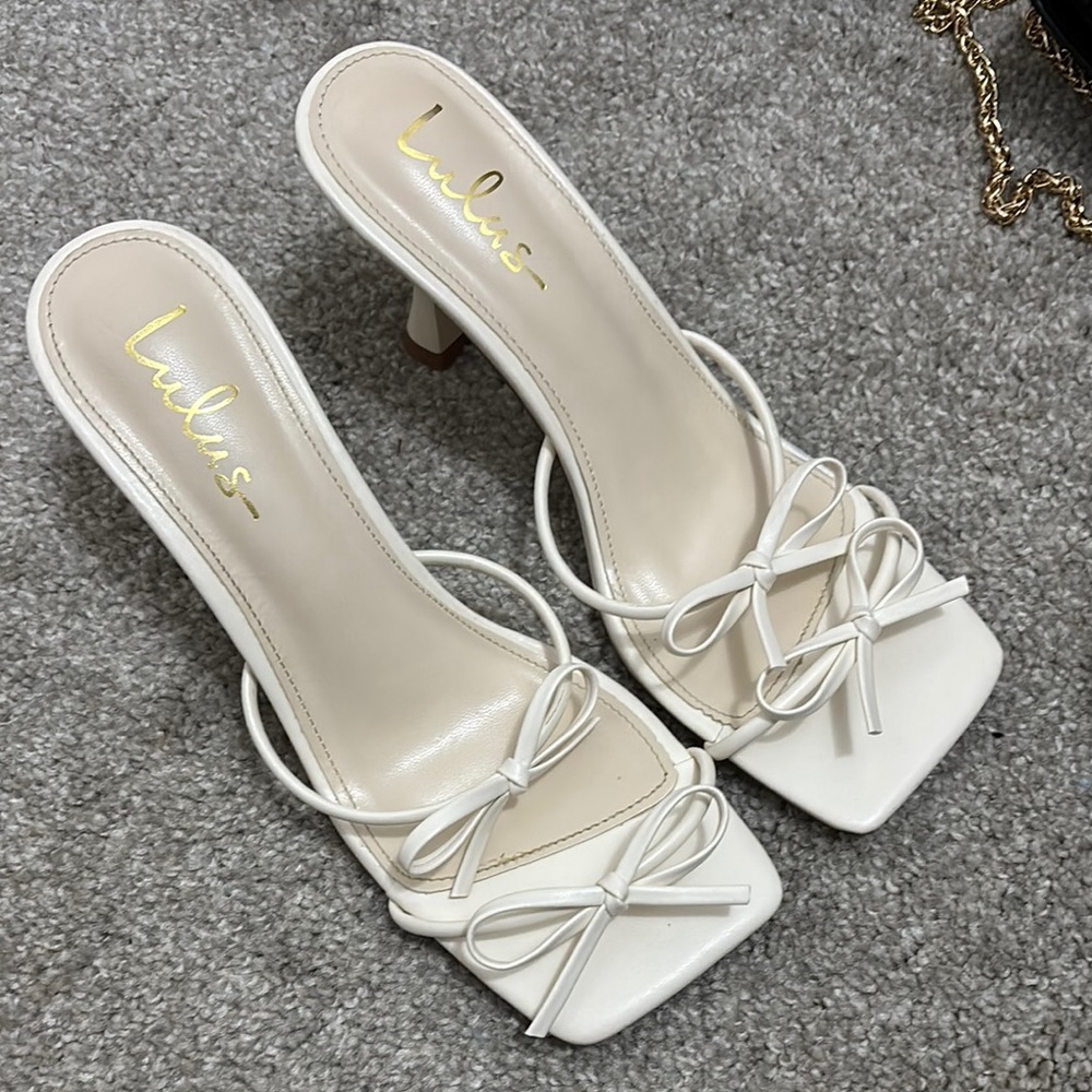 Lulu's Serinda White Strappy Bow High Heel Slide Sandals